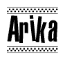 The image is a black and white clipart of the text Arika in a bold, italicized font. The text is bordered by a dotted line on the top and bottom, and there are checkered flags positioned at both ends of the text, usually associated with racing or finishing lines.
