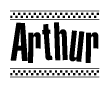 The image contains the text Arthur in a bold, stylized font, with a checkered flag pattern bordering the top and bottom of the text.
