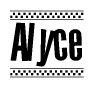 The clipart image displays the text Alyce in a bold, stylized font. It is enclosed in a rectangular border with a checkerboard pattern running below and above the text, similar to a finish line in racing. 