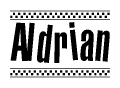 The clipart image displays the text Aldrian in a bold, stylized font. It is enclosed in a rectangular border with a checkerboard pattern running below and above the text, similar to a finish line in racing. 