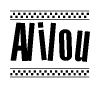 The image is a black and white clipart of the text Alilou in a bold, italicized font. The text is bordered by a dotted line on the top and bottom, and there are checkered flags positioned at both ends of the text, usually associated with racing or finishing lines.