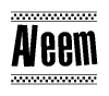 The image is a black and white clipart of the text Aleem in a bold, italicized font. The text is bordered by a dotted line on the top and bottom, and there are checkered flags positioned at both ends of the text, usually associated with racing or finishing lines.
