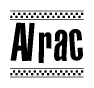 The clipart image displays the text Alrac in a bold, stylized font. It is enclosed in a rectangular border with a checkerboard pattern running below and above the text, similar to a finish line in racing. 