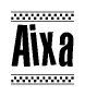 The image is a black and white clipart of the text Aixa in a bold, italicized font. The text is bordered by a dotted line on the top and bottom, and there are checkered flags positioned at both ends of the text, usually associated with racing or finishing lines.