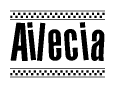The image is a black and white clipart of the text Ailecia in a bold, italicized font. The text is bordered by a dotted line on the top and bottom, and there are checkered flags positioned at both ends of the text, usually associated with racing or finishing lines.