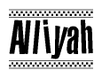 The image is a black and white clipart of the text Alliyah in a bold, italicized font. The text is bordered by a dotted line on the top and bottom, and there are checkered flags positioned at both ends of the text, usually associated with racing or finishing lines.