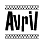 The image contains the text Avril in a bold, stylized font, with a checkered flag pattern bordering the top and bottom of the text.