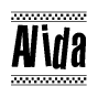 The clipart image displays the text Alida in a bold, stylized font. It is enclosed in a rectangular border with a checkerboard pattern running below and above the text, similar to a finish line in racing. 
