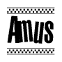 The clipart image displays the text Amus in a bold, stylized font. It is enclosed in a rectangular border with a checkerboard pattern running below and above the text, similar to a finish line in racing. 