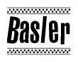 The image is a black and white clipart of the text Basler in a bold, italicized font. The text is bordered by a dotted line on the top and bottom, and there are checkered flags positioned at both ends of the text, usually associated with racing or finishing lines.