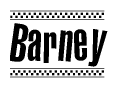 The clipart image displays the text Barney in a bold, stylized font. It is enclosed in a rectangular border with a checkerboard pattern running below and above the text, similar to a finish line in racing. 