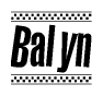The clipart image displays the text Balyn in a bold, stylized font. It is enclosed in a rectangular border with a checkerboard pattern running below and above the text, similar to a finish line in racing. 