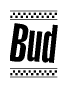 The image contains the text Bud in a bold, stylized font, with a checkered flag pattern bordering the top and bottom of the text.