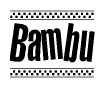 The image is a black and white clipart of the text Bambu in a bold, italicized font. The text is bordered by a dotted line on the top and bottom, and there are checkered flags positioned at both ends of the text, usually associated with racing or finishing lines.