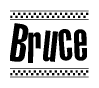 The image contains the text Bruce in a bold, stylized font, with a checkered flag pattern bordering the top and bottom of the text.