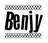 The image contains the text Benjy in a bold, stylized font, with a checkered flag pattern bordering the top and bottom of the text.