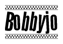 The image is a black and white clipart of the text Bobbyjo in a bold, italicized font. The text is bordered by a dotted line on the top and bottom, and there are checkered flags positioned at both ends of the text, usually associated with racing or finishing lines.