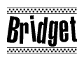 The image contains the text Bridget in a bold, stylized font, with a checkered flag pattern bordering the top and bottom of the text.