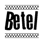 The image is a black and white clipart of the text Betel in a bold, italicized font. The text is bordered by a dotted line on the top and bottom, and there are checkered flags positioned at both ends of the text, usually associated with racing or finishing lines.
