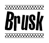 The image contains the text Brusk in a bold, stylized font, with a checkered flag pattern bordering the top and bottom of the text.