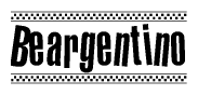 The image is a black and white clipart of the text Beargentino in a bold, italicized font. The text is bordered by a dotted line on the top and bottom, and there are checkered flags positioned at both ends of the text, usually associated with racing or finishing lines.