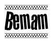 The image contains the text Bemam in a bold, stylized font, with a checkered flag pattern bordering the top and bottom of the text.