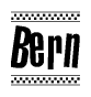 The image is a black and white clipart of the text Bern in a bold, italicized font. The text is bordered by a dotted line on the top and bottom, and there are checkered flags positioned at both ends of the text, usually associated with racing or finishing lines.