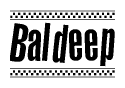 The image contains the text Baldeep in a bold, stylized font, with a checkered flag pattern bordering the top and bottom of the text.