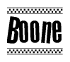 The image contains the text Boone in a bold, stylized font, with a checkered flag pattern bordering the top and bottom of the text.