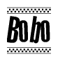 The clipart image displays the text Bobo in a bold, stylized font. It is enclosed in a rectangular border with a checkerboard pattern running below and above the text, similar to a finish line in racing. 