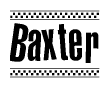 The clipart image displays the text Baxter in a bold, stylized font. It is enclosed in a rectangular border with a checkerboard pattern running below and above the text, similar to a finish line in racing. 
