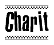 The image contains the text Charit in a bold, stylized font, with a checkered flag pattern bordering the top and bottom of the text.