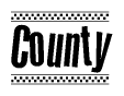 The image is a black and white clipart of the text County in a bold, italicized font. The text is bordered by a dotted line on the top and bottom, and there are checkered flags positioned at both ends of the text, usually associated with racing or finishing lines.