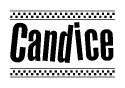 The image contains the text Candice in a bold, stylized font, with a checkered flag pattern bordering the top and bottom of the text.