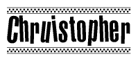 The image is a black and white clipart of the text Chruistopher in a bold, italicized font. The text is bordered by a dotted line on the top and bottom, and there are checkered flags positioned at both ends of the text, usually associated with racing or finishing lines.