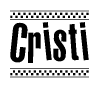 The image is a black and white clipart of the text Cristi in a bold, italicized font. The text is bordered by a dotted line on the top and bottom, and there are checkered flags positioned at both ends of the text, usually associated with racing or finishing lines.