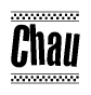 The clipart image displays the text Chau in a bold, stylized font. It is enclosed in a rectangular border with a checkerboard pattern running below and above the text, similar to a finish line in racing. 