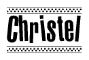 The image contains the text Christel in a bold, stylized font, with a checkered flag pattern bordering the top and bottom of the text.