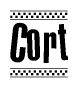 The image contains the text Cort in a bold, stylized font, with a checkered flag pattern bordering the top and bottom of the text.