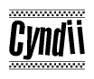The clipart image displays the text Cyndii in a bold, stylized font. It is enclosed in a rectangular border with a checkerboard pattern running below and above the text, similar to a finish line in racing. 