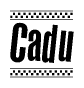 The image contains the text Cadu in a bold, stylized font, with a checkered flag pattern bordering the top and bottom of the text.