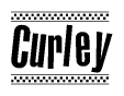 The image is a black and white clipart of the text Curley in a bold, italicized font. The text is bordered by a dotted line on the top and bottom, and there are checkered flags positioned at both ends of the text, usually associated with racing or finishing lines.