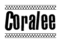 The image contains the text Coralee in a bold, stylized font, with a checkered flag pattern bordering the top and bottom of the text.