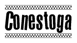The image is a black and white clipart of the text Conestoga in a bold, italicized font. The text is bordered by a dotted line on the top and bottom, and there are checkered flags positioned at both ends of the text, usually associated with racing or finishing lines.