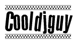 The image is a black and white clipart of the text Cooldjguy in a bold, italicized font. The text is bordered by a dotted line on the top and bottom, and there are checkered flags positioned at both ends of the text, usually associated with racing or finishing lines.