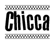 The clipart image displays the text Chicca in a bold, stylized font. It is enclosed in a rectangular border with a checkerboard pattern running below and above the text, similar to a finish line in racing. 