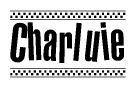 The clipart image displays the text Charluie in a bold, stylized font. It is enclosed in a rectangular border with a checkerboard pattern running below and above the text, similar to a finish line in racing. 