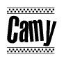 The image is a black and white clipart of the text Camy in a bold, italicized font. The text is bordered by a dotted line on the top and bottom, and there are checkered flags positioned at both ends of the text, usually associated with racing or finishing lines.