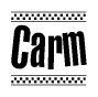The clipart image displays the text Carm in a bold, stylized font. It is enclosed in a rectangular border with a checkerboard pattern running below and above the text, similar to a finish line in racing. 