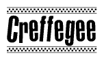 The image is a black and white clipart of the text Creffegee in a bold, italicized font. The text is bordered by a dotted line on the top and bottom, and there are checkered flags positioned at both ends of the text, usually associated with racing or finishing lines.